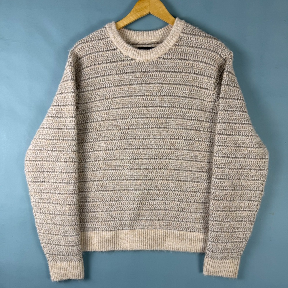 Vintage Y2K Abercrombie & Fitch Men's M Cream Striped Fuzzy Knit Sweater